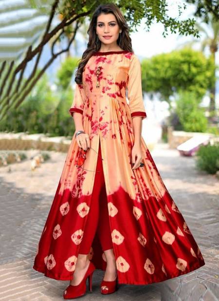 Cream And Red Colour Arya 3Dr Gown 2 Fancy Designer Festive Wear Japan Sating Digital Printed Stylish Gown Collection Arya 04